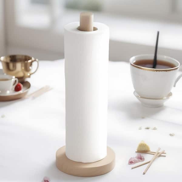 Freestanding Beechwood Paper Towel Holder Countertop Anti-Slip Base Wooden Dispenser Stand for Kitchen