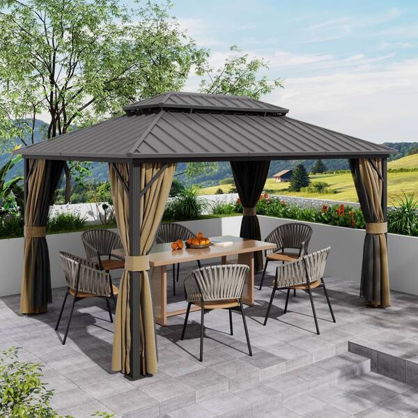 12 ft. x 12 ft. Double Galvanized Steel Roof Aluminum Frame Outdoor Patio Hardtop Gazebo with Netting and Curtains