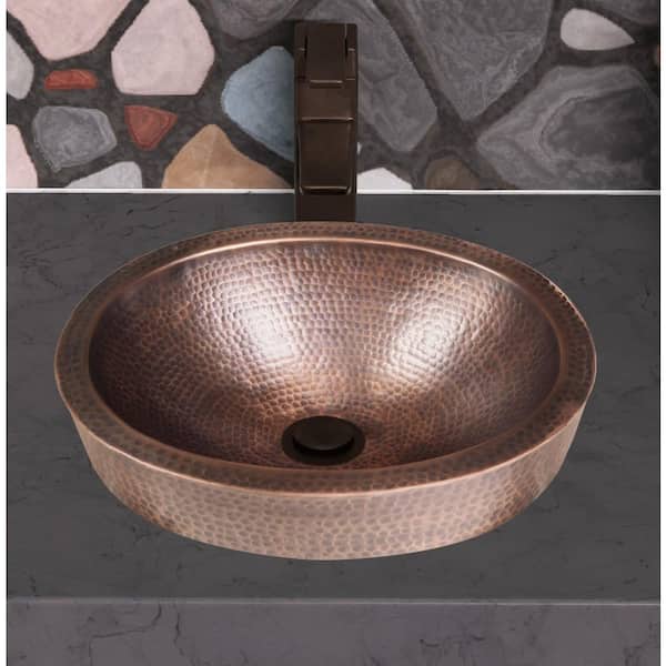 17" Oval Hammered Copper Vessel Bath Vanity Sink Faucet and Drain Combo 