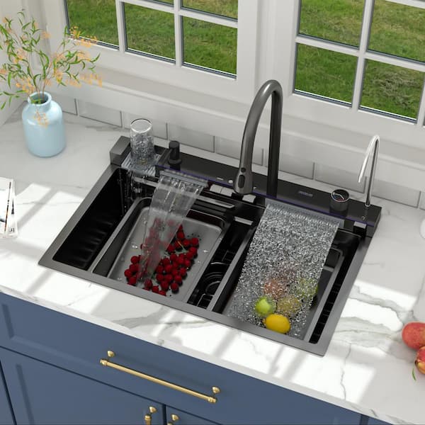 30 in. Drop-In Gunmetal Black Single Bowl 16-Gauge Stainless Steel Workstation Kitchen Sink with Faucet Combo Set