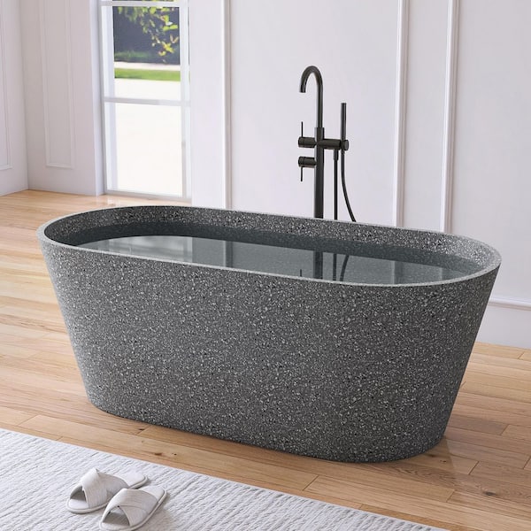 59 in. x 29 in. Terrazzo Stone Solid Surface Flatbottom Freestanding Soaking Bathtub in Gray