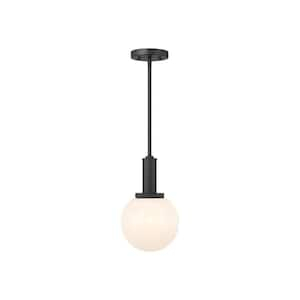 Meridian 8 in. W x 13.25 in H 1-Light Matte Black Modern Pendant Light with White Strie Glass Shade, No Bulb Included