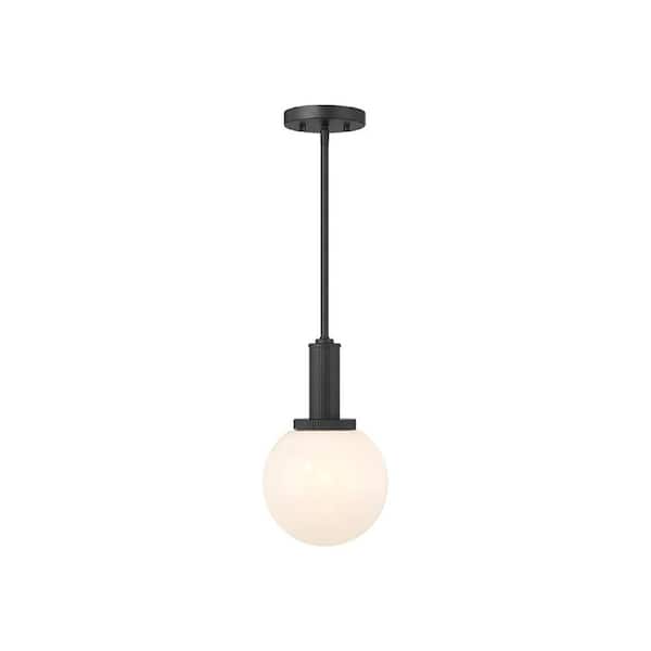 Savoy House Meridian 8 in. W x 13.25 in H 1-Light Matte Black Modern Pendant Light with White Strie Glass Shade, No Bulb Included
