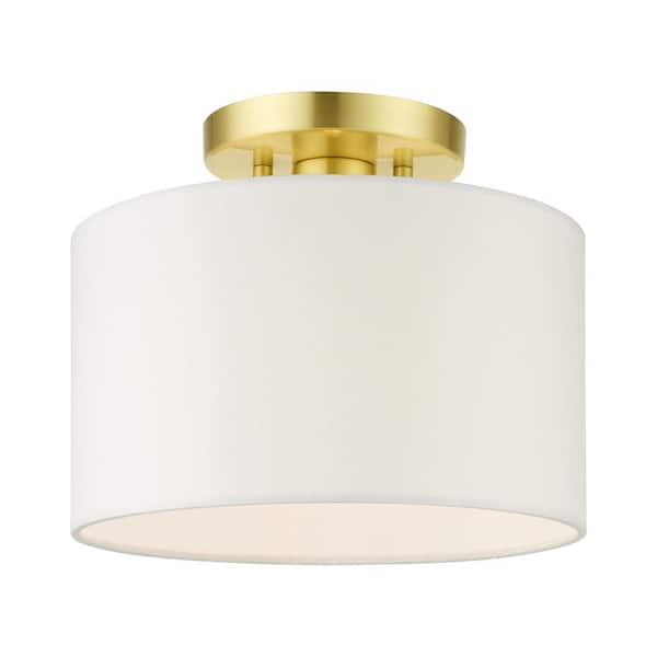 AVIANCE LIGHTING Mercury 10 in. 1-Light Satin Brass Semi Flush Mount with Off-White Fabric Shade