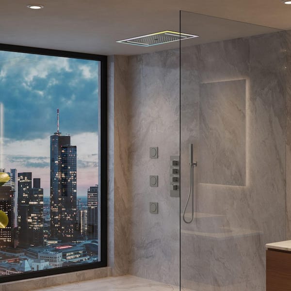 25 in. 3-Spray Ceiling Mount Thermostatic LED Music Dual Fixed and Handheld Shower Head 2.5 GPM in Brushed Nickel