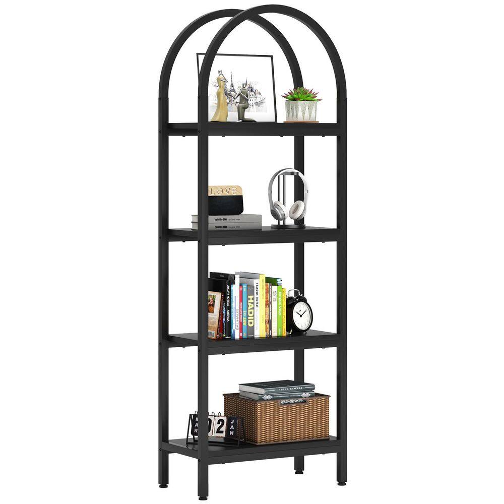 Eulas 70.9 in. Tall Black Wood 4-Shelf Standard Arched Open Bookshelf Bookcase with Metal Frame, Display Shelving Unit