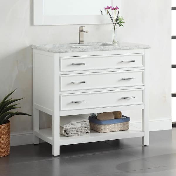 Smania 36 in. W x 22 in. D x 35.63 in. H Single Sink Freestanding Bath Vanity in Matte White with Carrara Marble Top