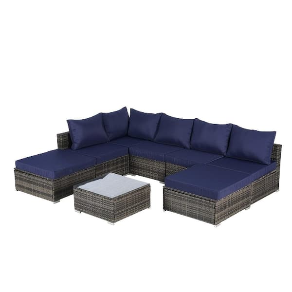 EPIPHANY DOUBLED INC 8 Pieces Dark Blue Wicker Outdoor Sectional Set with Washable Cushions and Glass Coffee Table