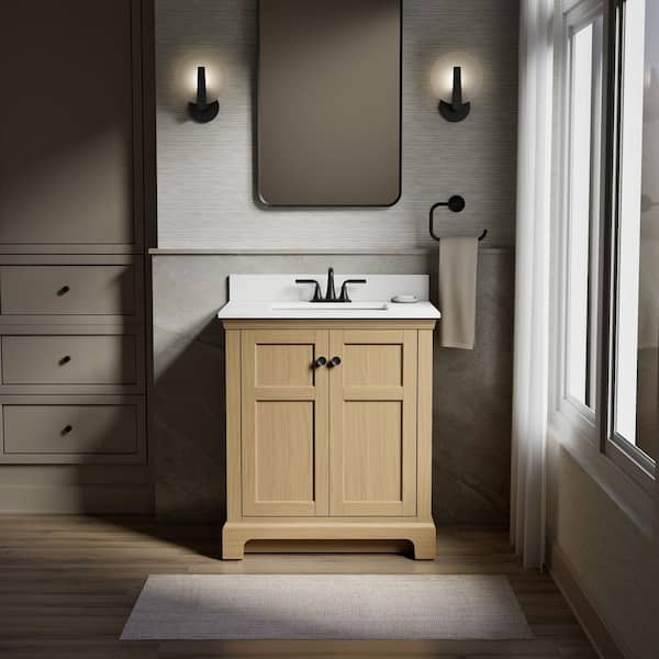 Baskin 30 in. Single Sink Light Oak Bath Vanity with Bianco Bella Quartz Top