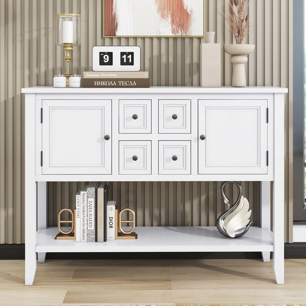 46 in. White Rectangle MDF Storage Vintage Console Table with Four Small Drawers and Bottom Shelf