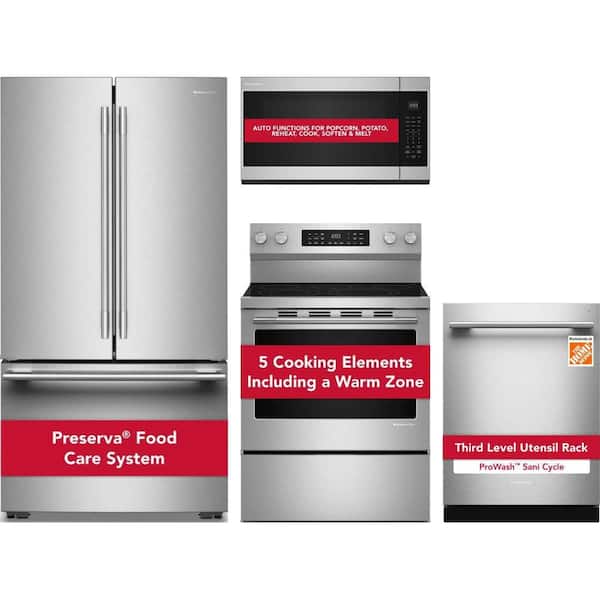 KitchenAid PrintShield Stainless Kitchen Suite: 36 in. Refrigerator 30 in. Range 24 in. Dishwasher Microwave 4-Piece