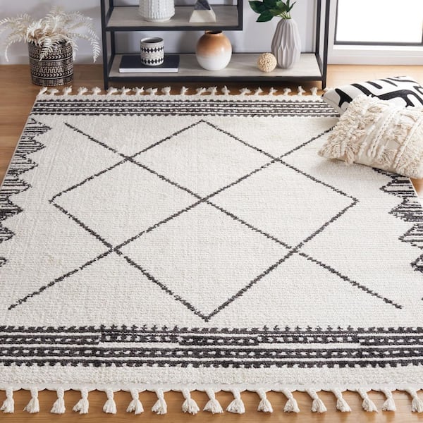 Moroccan Tassel 8 ft. x 10 ft. Ivory/Black Diamond Tassel Area Rug