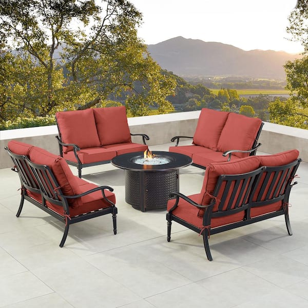 Oakland Living Black 5-Piece Aluminum Patio Fire Pit Set with Red Cushions