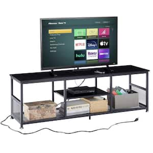 TV Stand with Power Outlets for Televisions up to 65", 55" Media Entertainment Center with 3-Tier Open Shelves Black