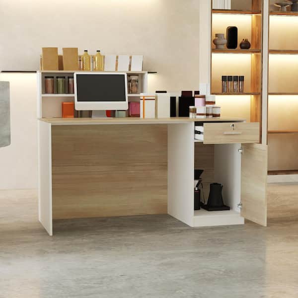 FUFU&GAGA 23.6 in. Rectangular White MDF Computer Desk with Flat Desktop, 1-Drawer, 4-Shelves and a Single -Door Container