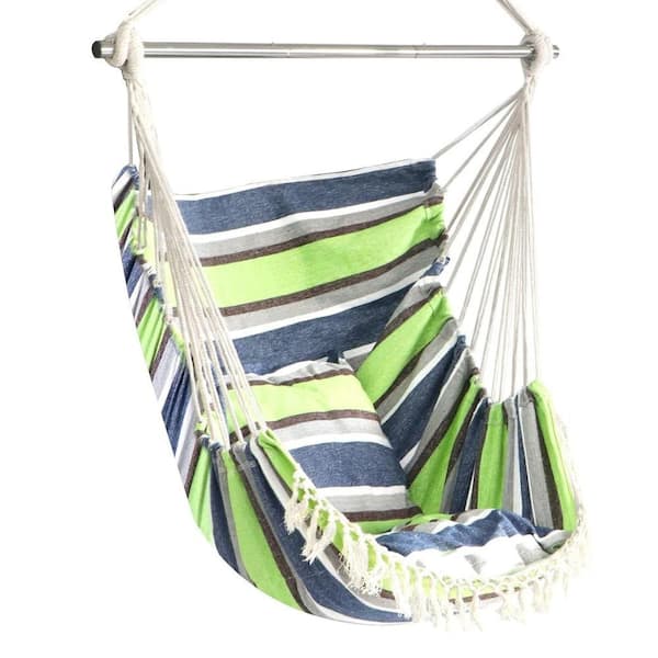 ITOPFOX 4 ft. Portable Bohemian Hanging Hammock Chair with Cushion and Steel Spreader Induded in Green Stripes