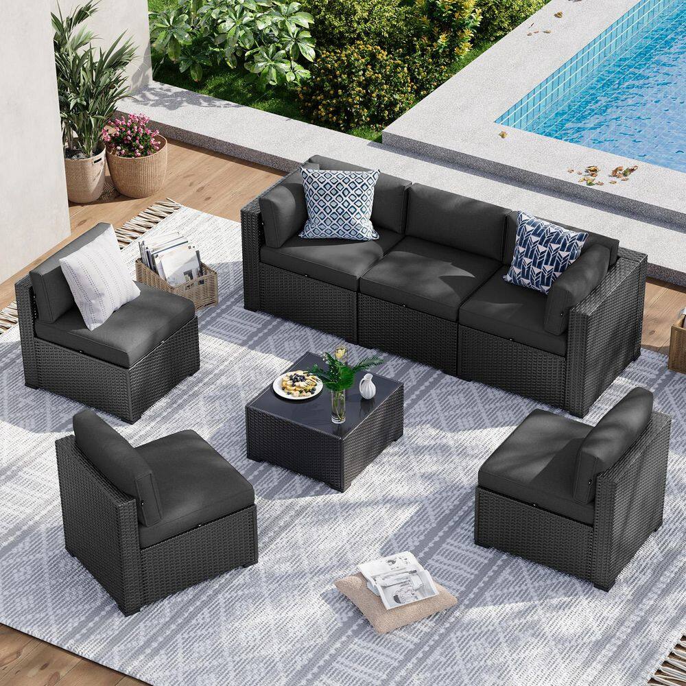 Sizzim Black 7-Piece Wicker Rattan Outdoor Sectional Patio