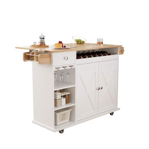 White Solid Wood Top 15.75 in. Kitchen Island Cart with 2 Door Cabinet and Drawers