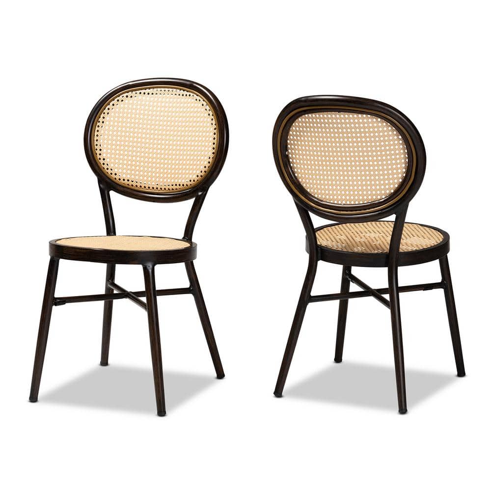 Thalia Mid-Century Modern Brown Metal and Rattan Dining Chair Set