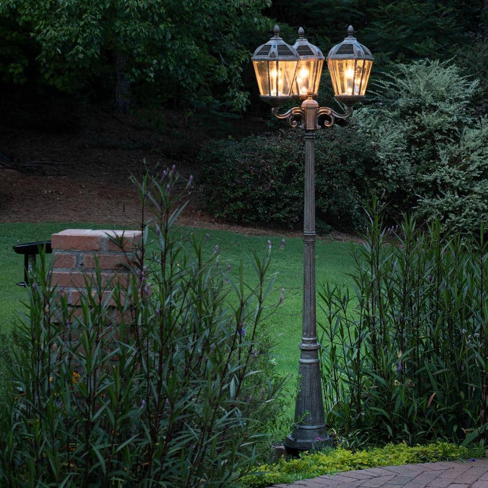 Weathered Bronze Triple Head Solar Lamp Post with LED Lights