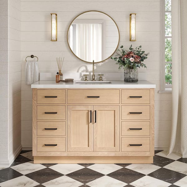 Hepburn 54 in. Single Sink Freestanding Bathroom Vanity in Oak with Pure White Quartz Top