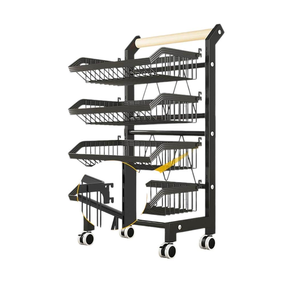 Black Metal and Wood 5-Tier Rolling Kitchen Cart with Mesh Baskets