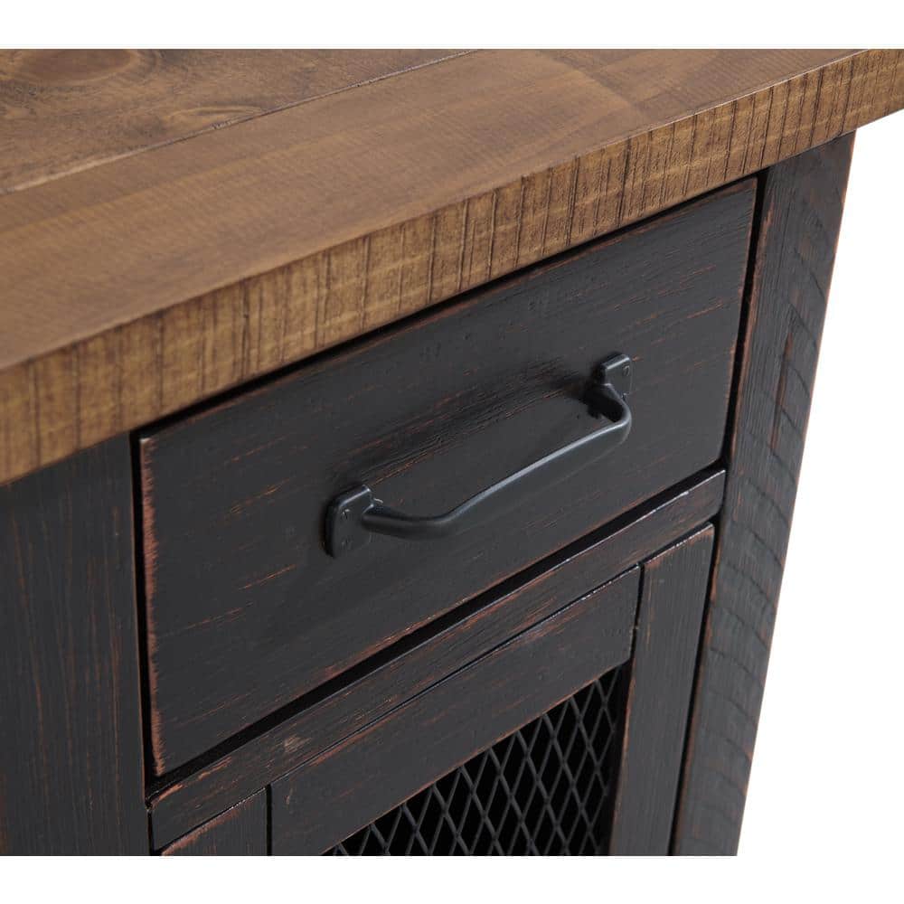 Espresso Rustic Pine Chairside Table with Power Outlets and Storage
