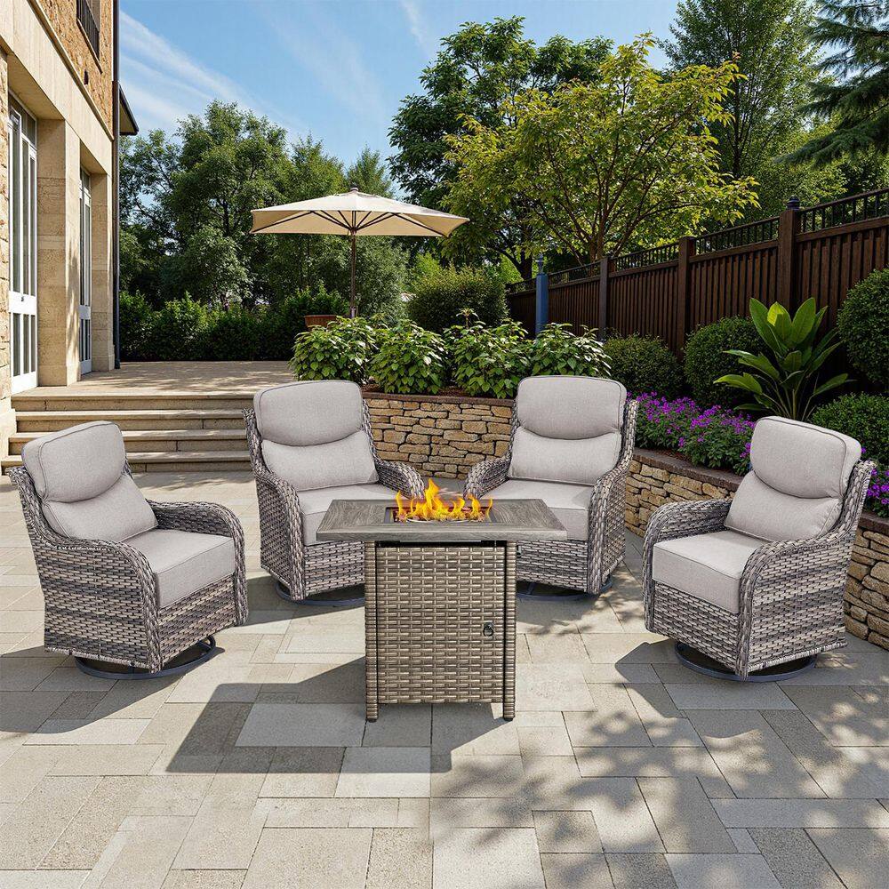 Arcadia Gray 5-Piece Wicker Patio Fire Pit Set, 4-Person Seating Set with Olefin Beige Cushions and Swivel Gliders price history on PriceWatchPro