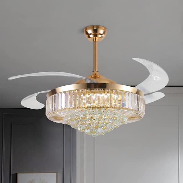 Modern 52 in. Smart Indoor Gold Crystal Retractable Invisible Chandelier Ceiling Fan with Dimmable Integrated LED