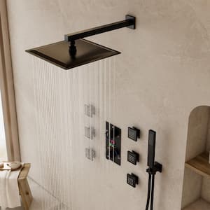 3-Spray 12 in. Wall Mount Dual Fixed and Handheld Shower Head 2.5 GPM and LCD Display in Matte Black(Valve Included)