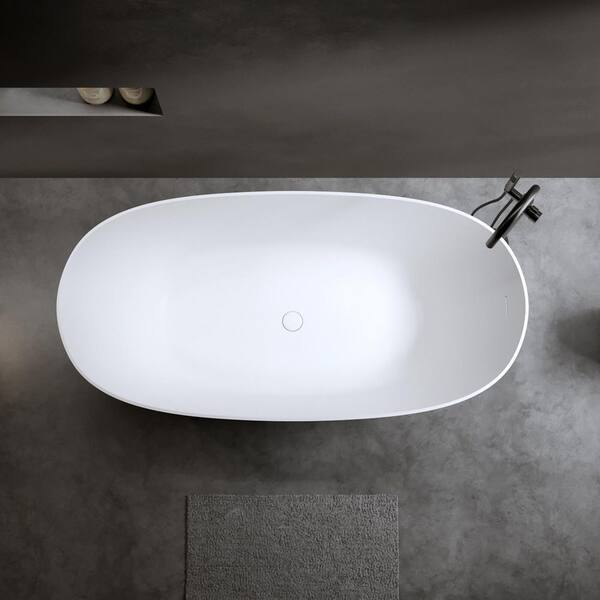 Moray 69 in. x 32 in. Solid Surface Stone Resin Flat Bottom Freestanding Thin-Edge Soaking Bathtub in Matte White