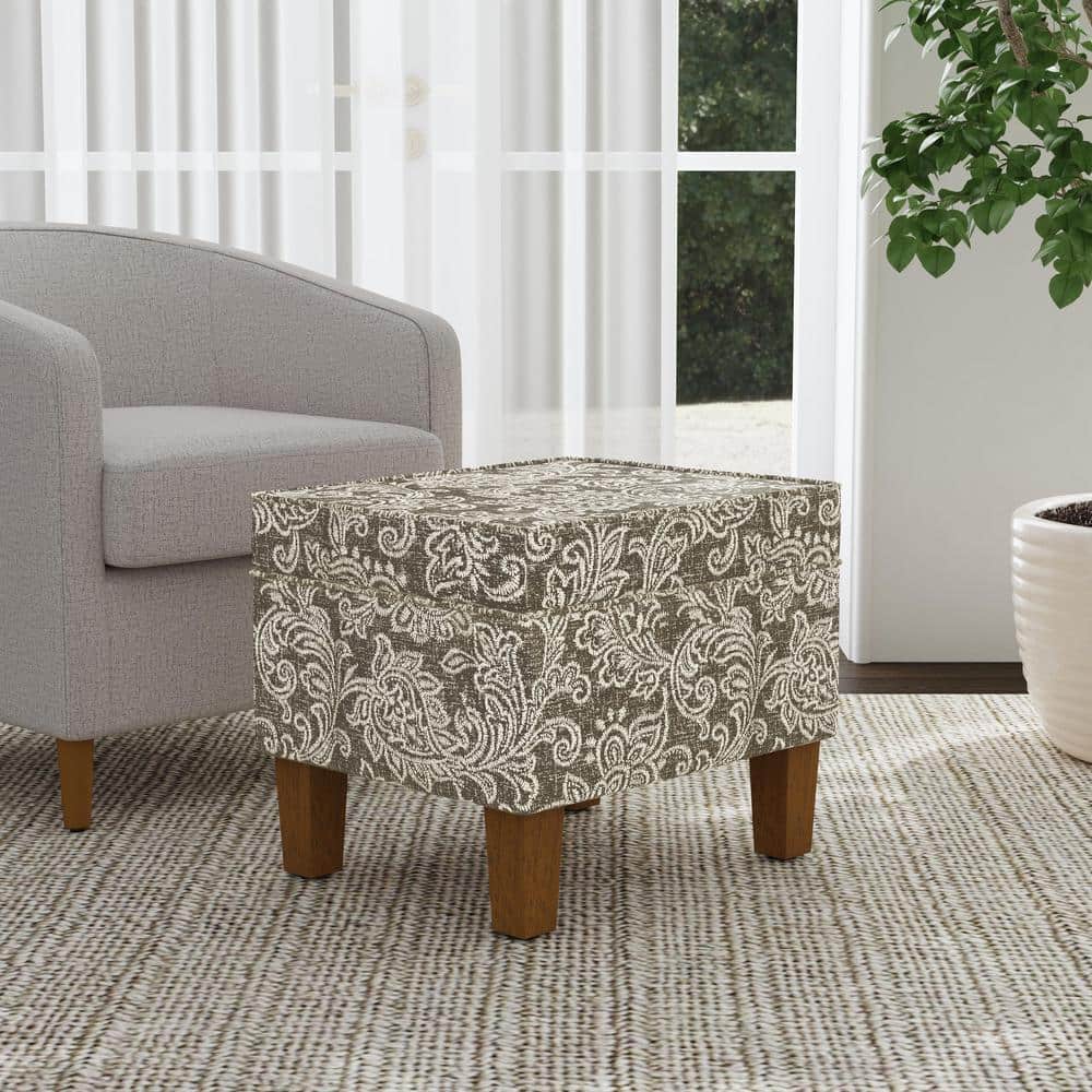 Brown Jacobean Print Upholstered Storage Ottoman with Hinged Lid