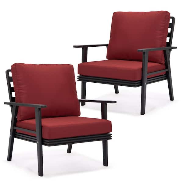Leisuremod Walbrooke Modern Black Aluminum Outdoor Arm Chair with Powder Coated Frame and Removable Cushions in. Red (Set of 2)