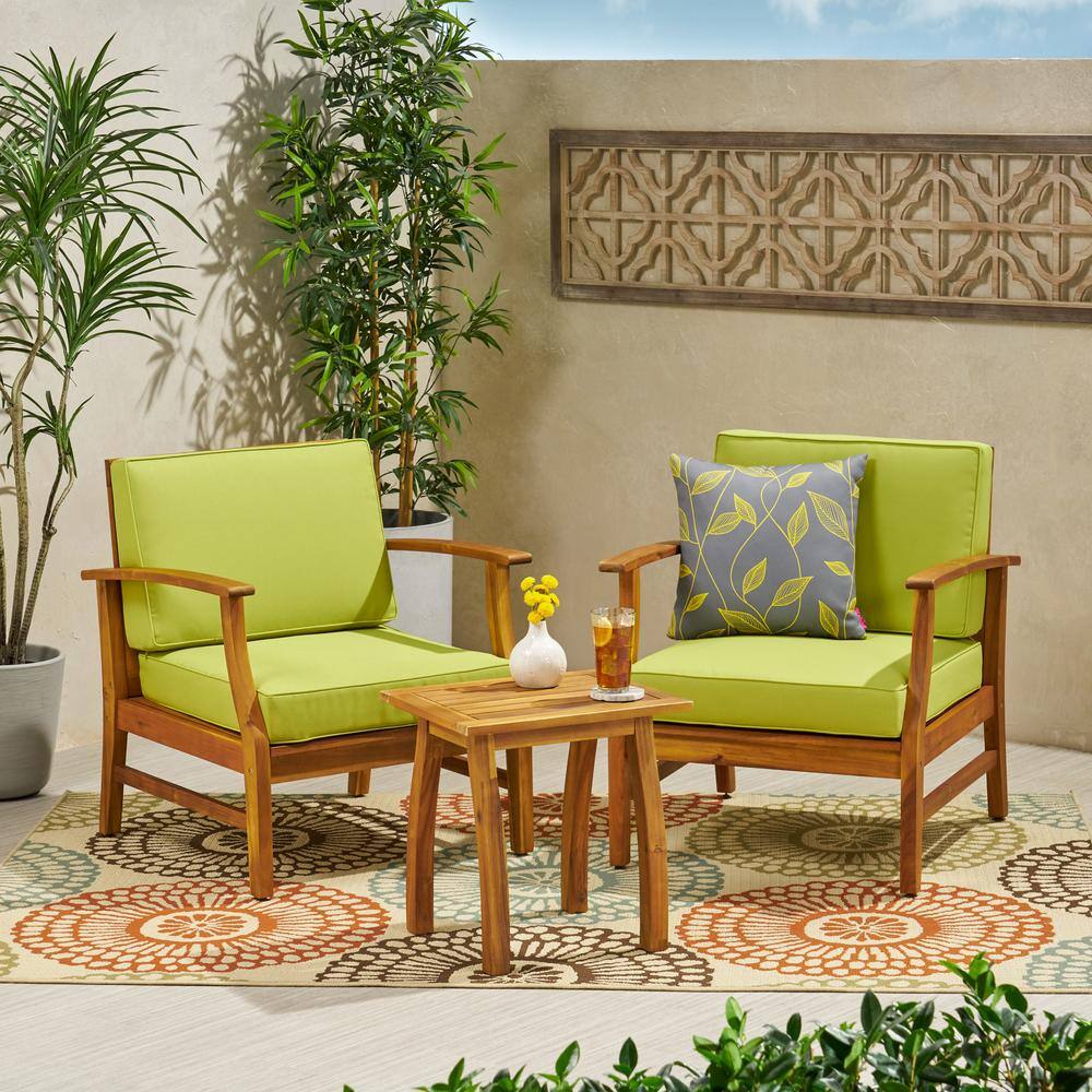Teak Brown 2-Seater Acacia Wood Chat Set with Green Cushions