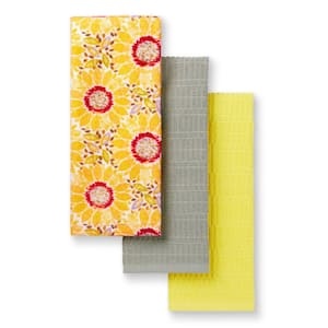 Yellow/Grey Multicolor Sunflower Burst Cotton Kitchen Towel (Set of 3)