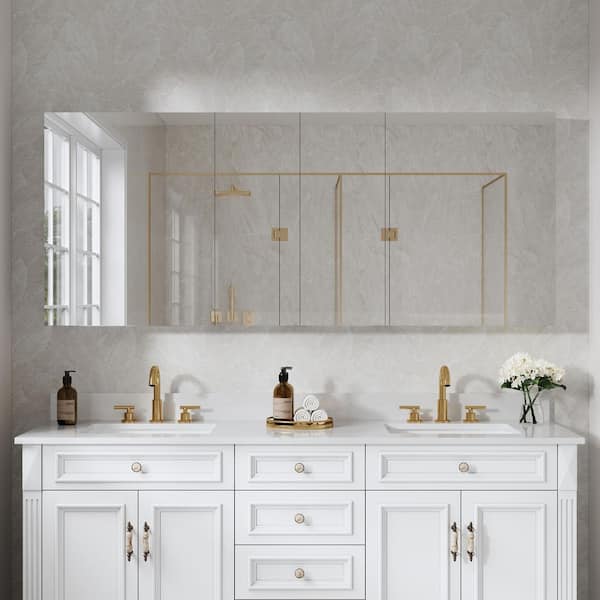 Peony 72 in. W x 30 in. H Rectangular Aluminum Medicine Cabinet with Mirror Combo, Reversible Door, Tri-View, Soft Close