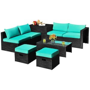8-Piece Wicker Patio Conversation Set Furniture Set with Turquoise Cushions, Storage Box and Waterproof Cover