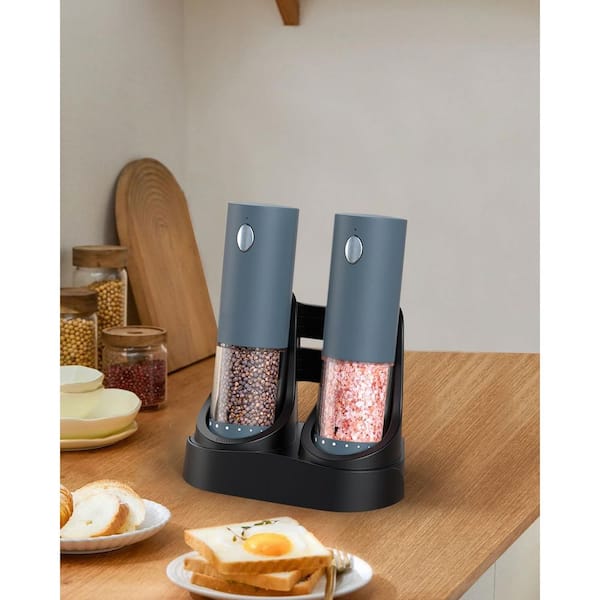 Electric Salt and Pepper Grinder Set with Charging Base, Adjustable Coarseness, and LED Light in Blue