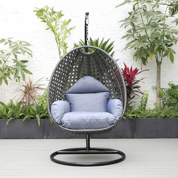 LeisureMod Wicker 2 Person Hanging Egg Swing Chair With Cushion Indoor  Outdoor Use in Charcoal Blue 