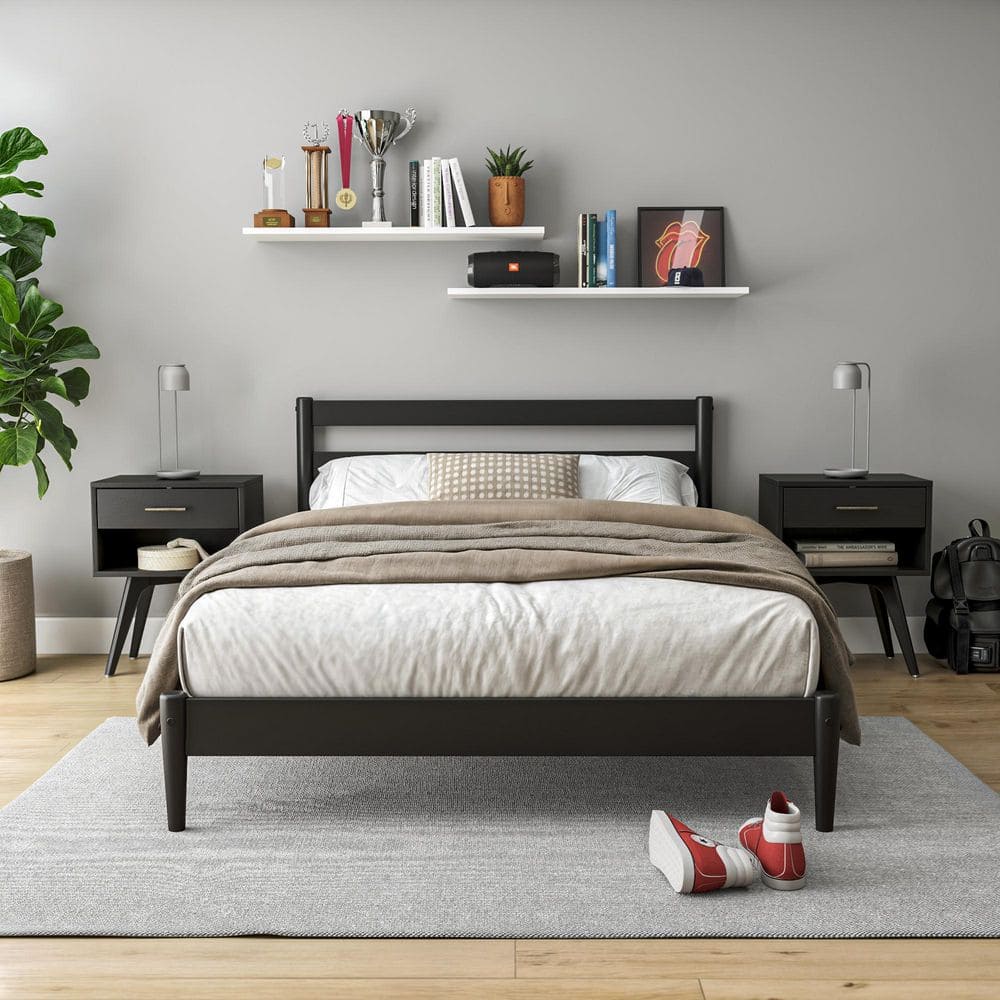 Mid Century Black Solid Wood Frame Full Platform Bed price history on PriceWatchPro