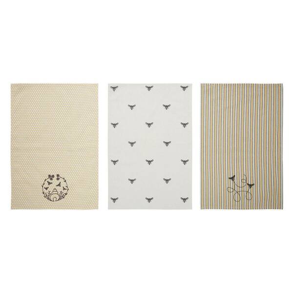 Buzzy Bees Vintage Yellow, Antique White, Storm Grey Graphic Bees Cotton Kitchen Tea Towel Set (Set of 3)