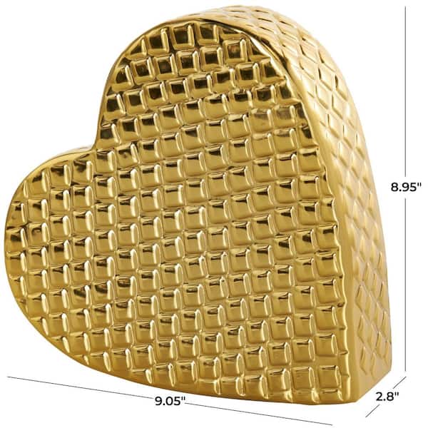Litton Lane Gold Aluminum Metal Slanted Heart Sculpture with Dimensional Cube Textured Exterior