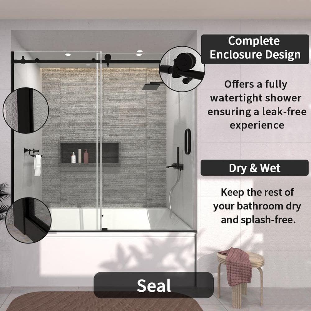 60'' Matte Black Semi-Frameless Sliding Tub Door with Clear Glass