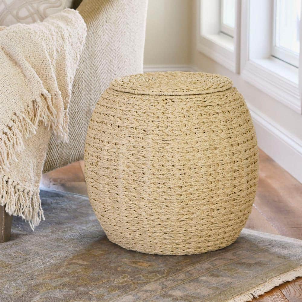 Rustic Cream Handwoven Paper Rope Barrel Side Table & Storage