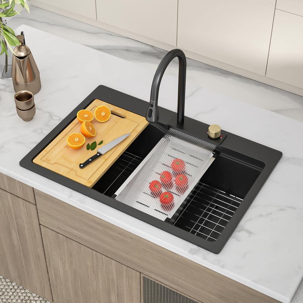 33" Matte Black Granite Composite Single Bowl Kitchen Sink with Pull Down Faucet