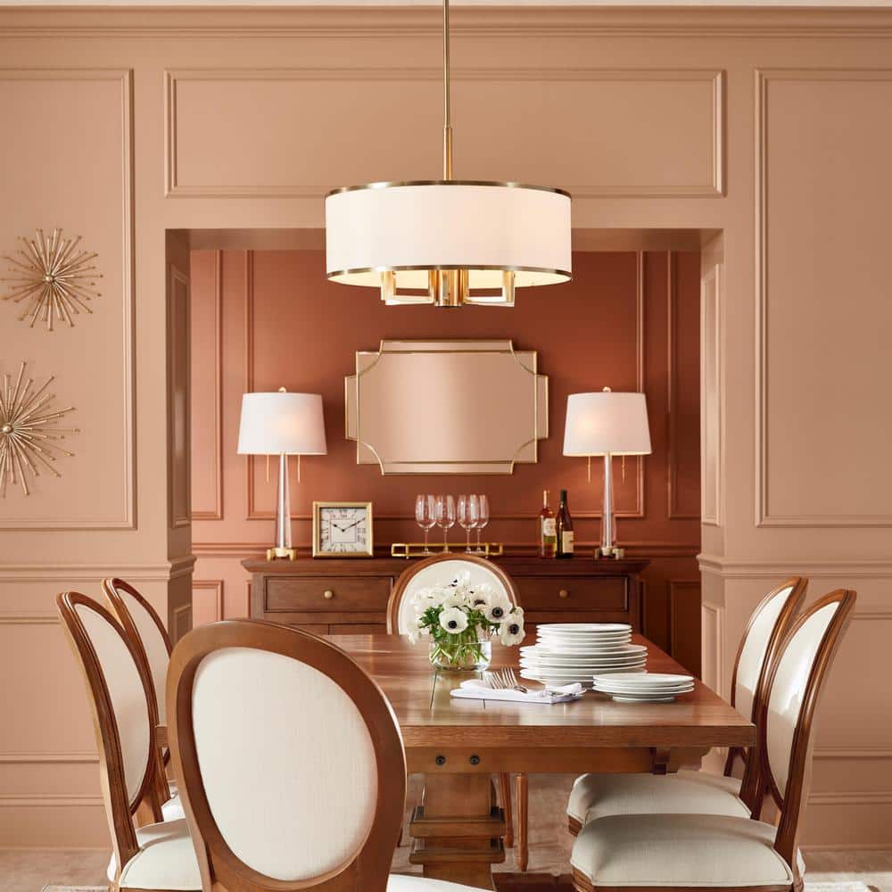 Hopper Brass Gold Table Lamp Set with White Linen Shade