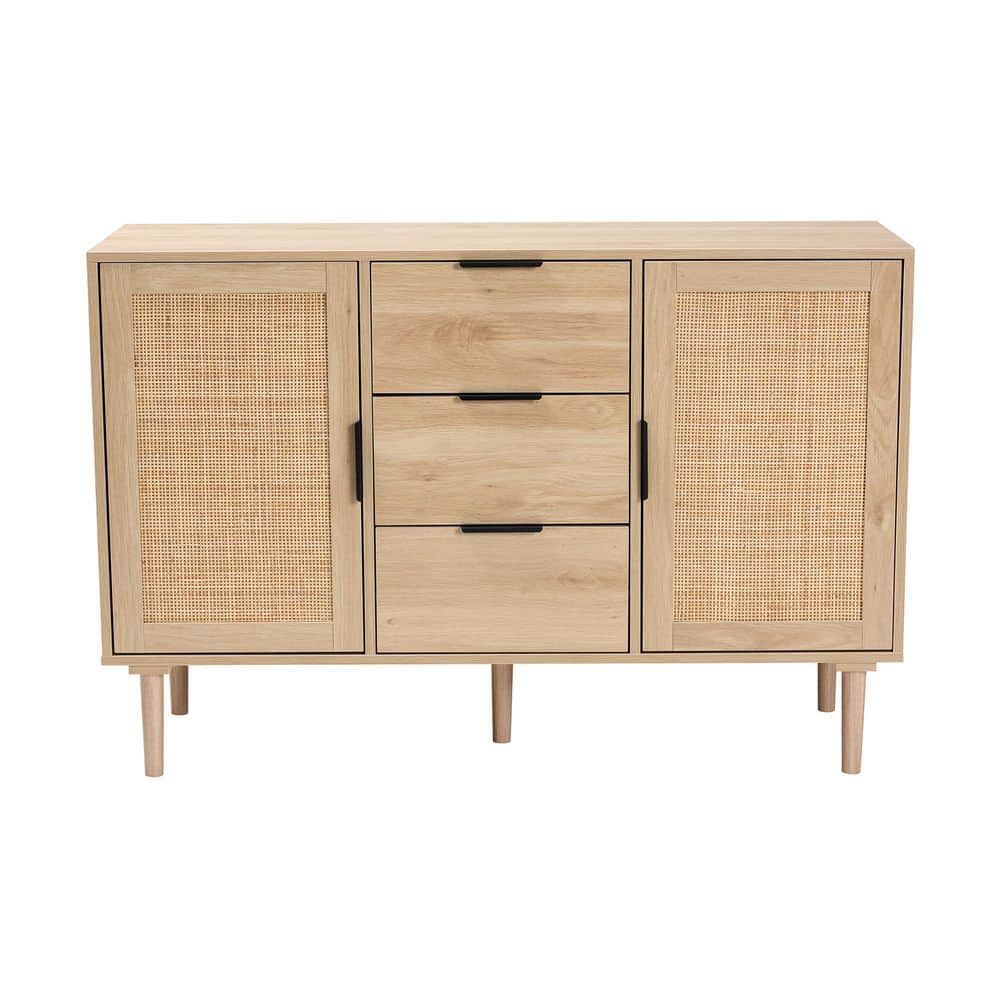 Harrison Natural Wood and Rattan 3-Drawer Buffet Sideboard