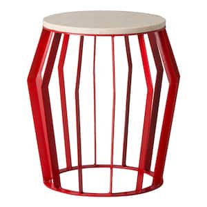 Billie 22 in. Red Metal Indoor/Outdoor Stool/Side Table with a White Granite Top