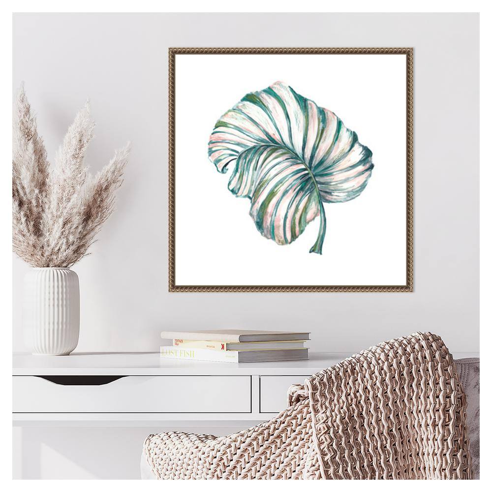 Island Leaf III Green and Pink Canvas Print with Bronze Frame