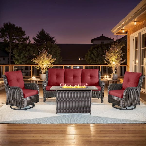4-Piece Brown Wicker Fire Pit Conversation Set with Olefin Red Cushions and 2 Swivel Glider Chairs and Couch